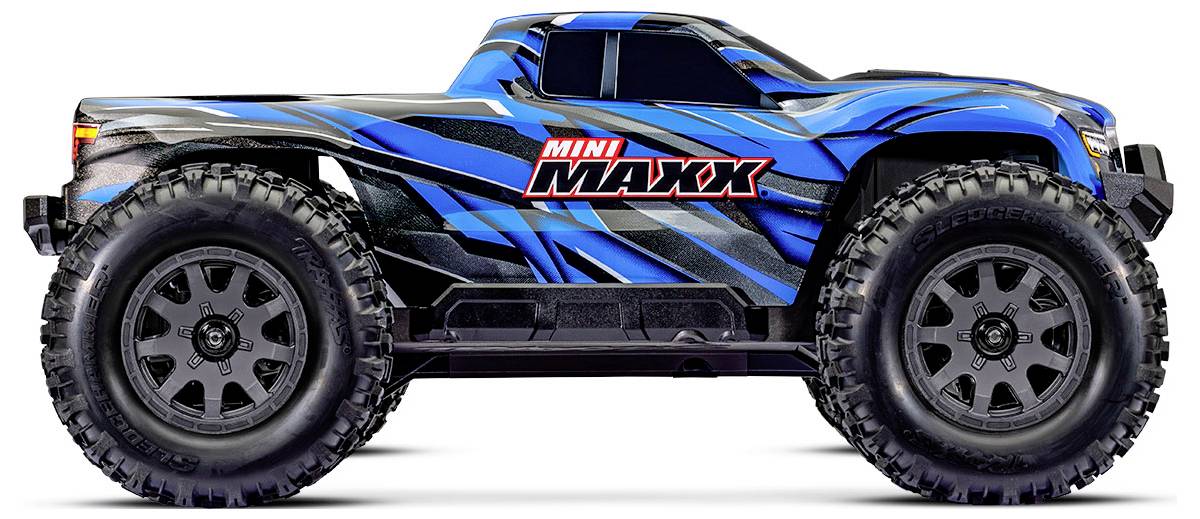 Ein blau-schwarzer ferngesteuerter Spielzeug-Truck mit großen, robusten Reifen und dem Schriftzug "Mini Maxx" an der Seite.