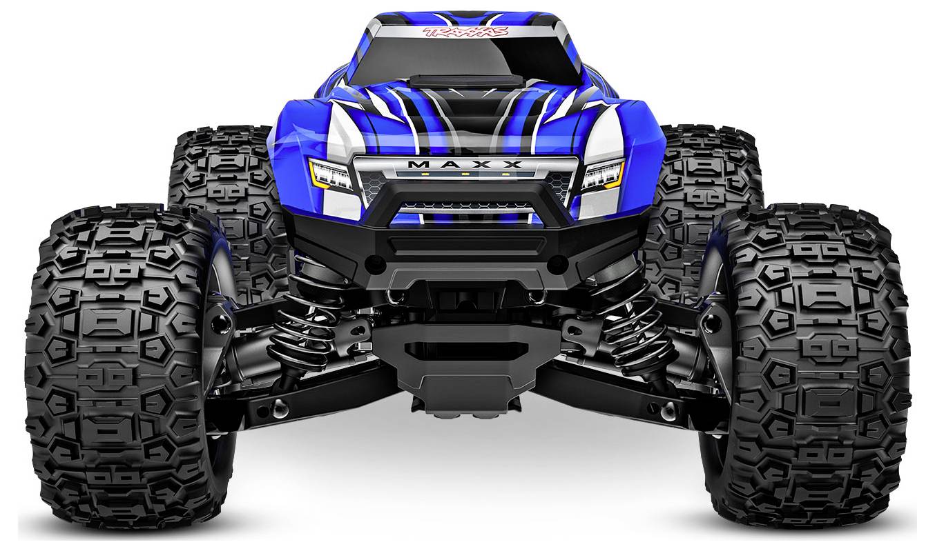Ein ferngesteuertes Monster-Truck mit blau-schwarzem Design, von vorne betrachtet, mit großen strukturierten Reifen und einem robusten Rahmen.