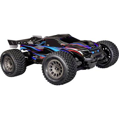 Ein schwarzes und blaues ferngesteuertes Auto mit großen Reifen und sportlichem Design, von vorne betrachtet, mit bunten Streifen auf seinem Karosserie.