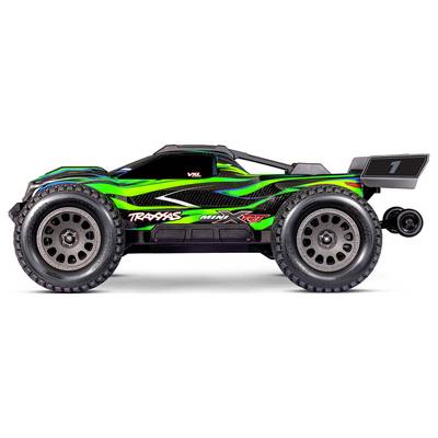 Ein grüner und schwarzer ferngesteuerter Rennlaster mit großen Reifen und dem Text 'Traxxas Mini XRT' an der Seite.
