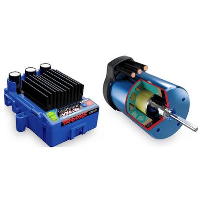 Ein Traxxas VXL-3s elektronischer Geschwindigkeitsregler und ein Motor mit einem Querschnitt, der die internen Komponenten, einschließlich Verkabelung und Rotor, zeigt.