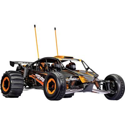 Ferngesteuertes Buggy mit großen Rädern, schlankem schwarz-orangefarbenem Design und zwei Antennen, konzipiert für Offroad-Rennen.