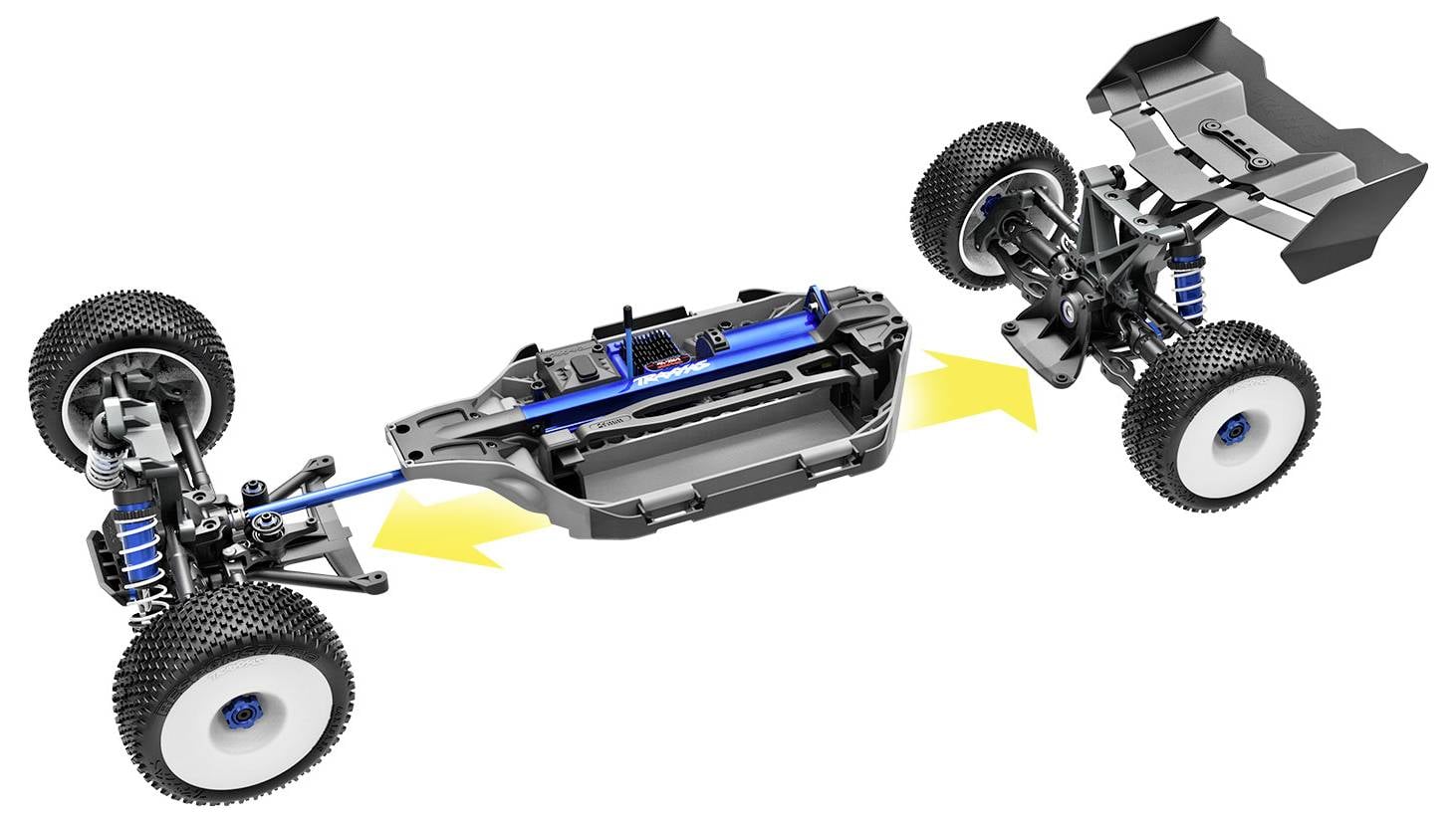 Fernbedienungsauto-Chassis-Diagramm mit Darstellung der abnehmbaren Komponenten und der Innenausstattung, versehen mit Pfeilen, die die Verbindungspunkte anzeigen.