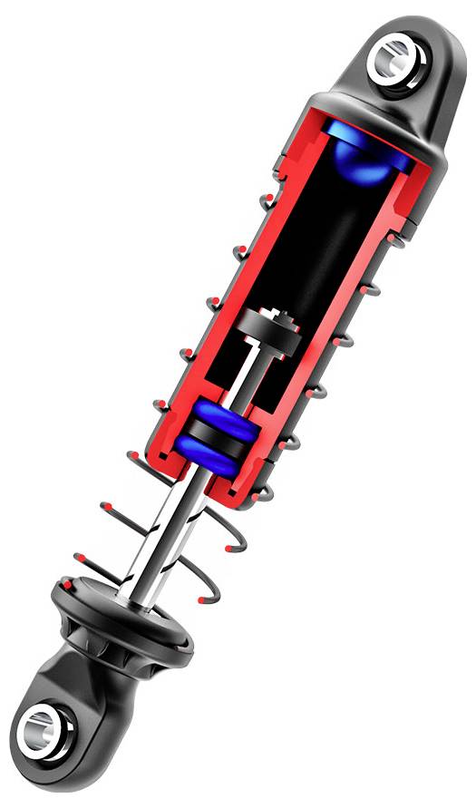 Darstellung eines Stoßdämpfers, längs aufgeschnitten, um die Innenkomponenten zu zeigen: Feder, Kolben und hydraulischen Mechanismus, auf weißem Hintergrund.