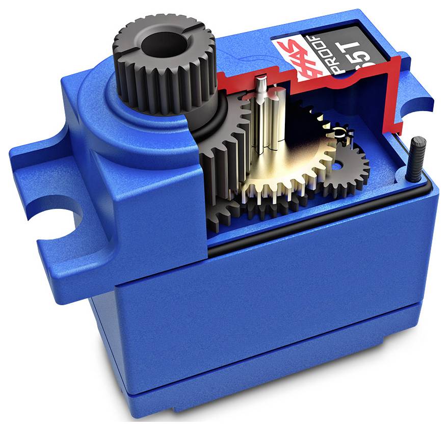 Ein blauer Servomotor mit teilweise sichtbaren Zahnrädern durch einen Ausschnitt, der die internen mechanischen Komponenten zeigt.