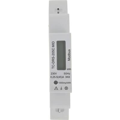 Ein schmales weißes Stromzähler-Gehäuse mit der Bezeichnung TC-DRS-205C MID, mit einem kleinen dunklen Display-Fenster und aufgedruckten Spezifikationen einschließlich Modbus, kWh, 230V, 50Hz und 1000imp/kWh.