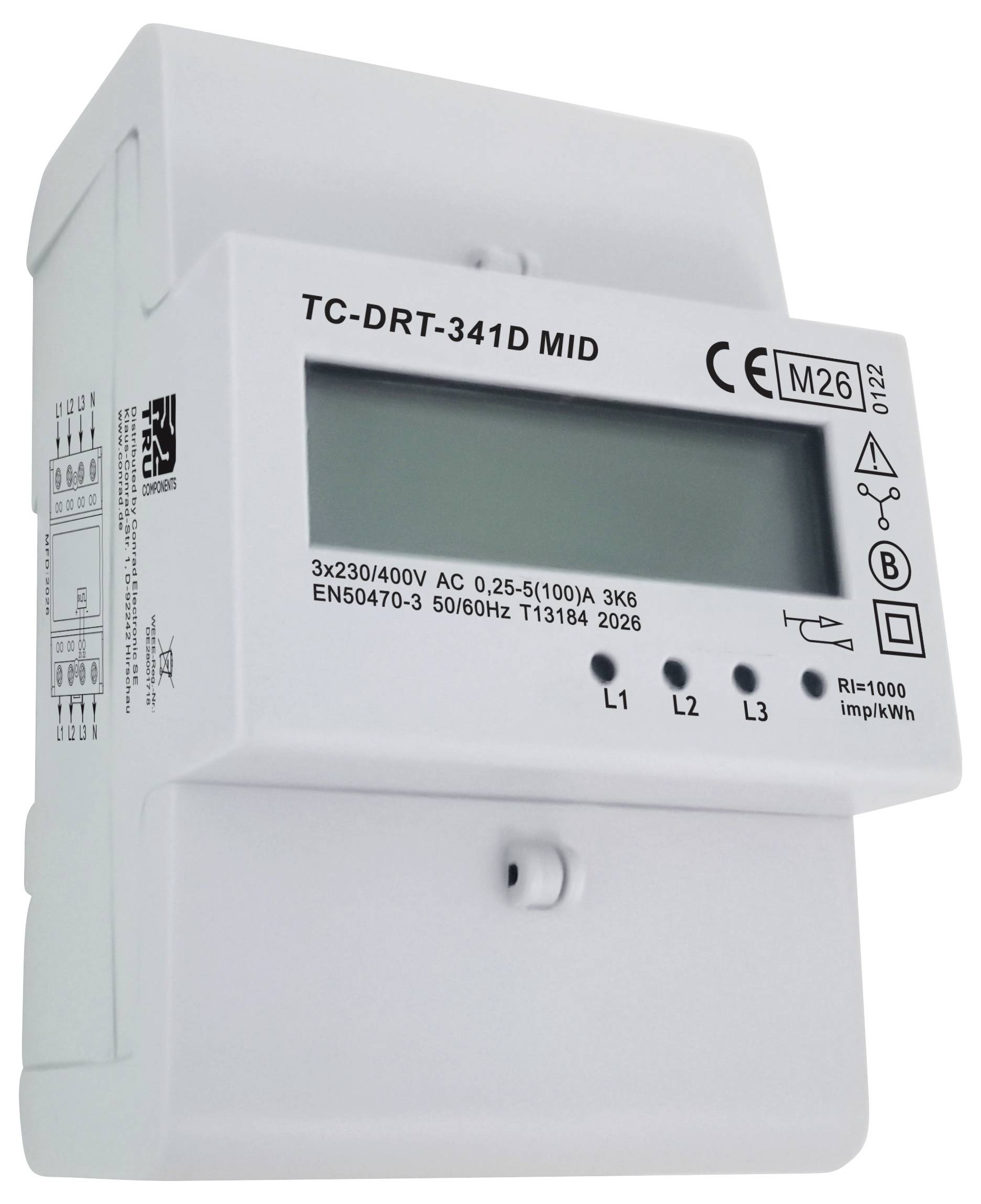 Digitales Stromzähler mit der Bezeichnung "TC-DRT-341D MID" mit leerer Anzeige und Statusanzeigen auf einer weiß montierten Wandeinheit.