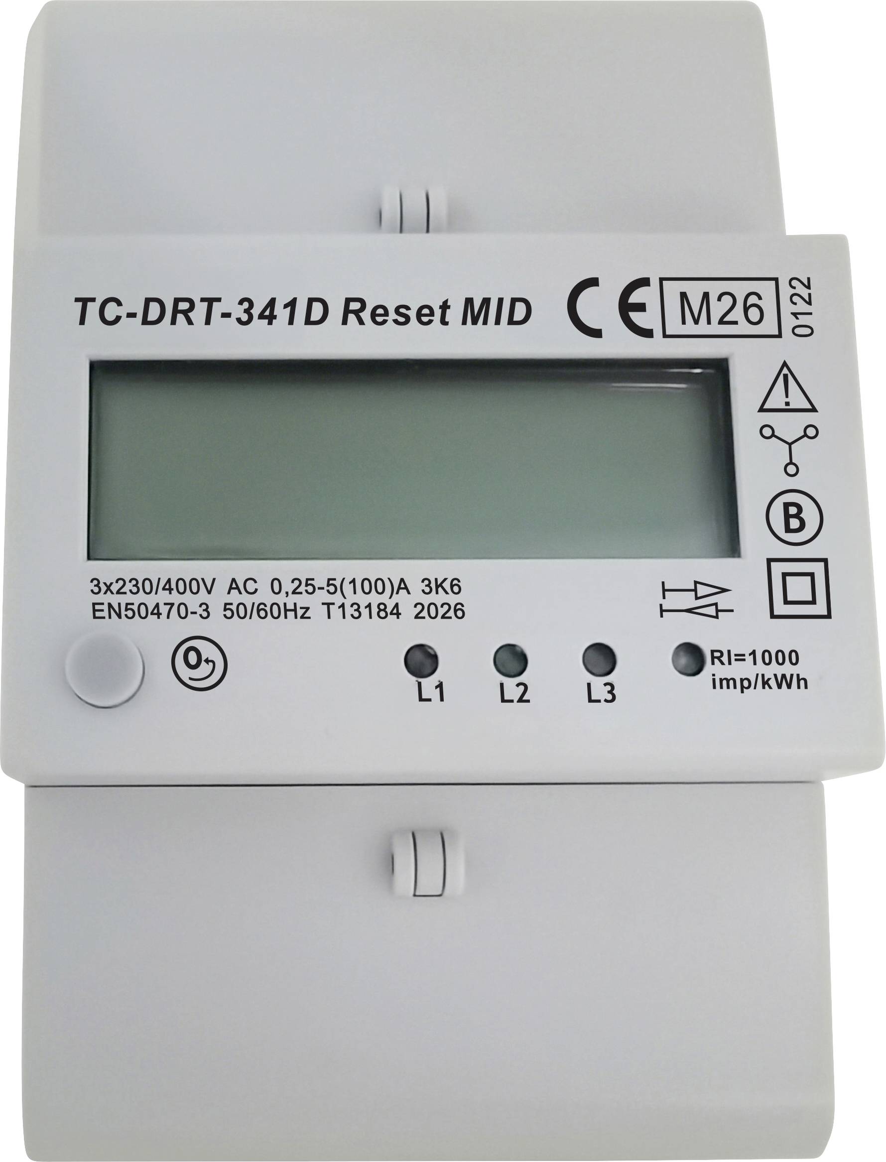 Frontansicht eines Stromzählers mit leerem LCD-Bildschirm, mit der Bezeichnung „TC-DRT-341D Reset MID" und Anzeigelampen L1, L2, L3.