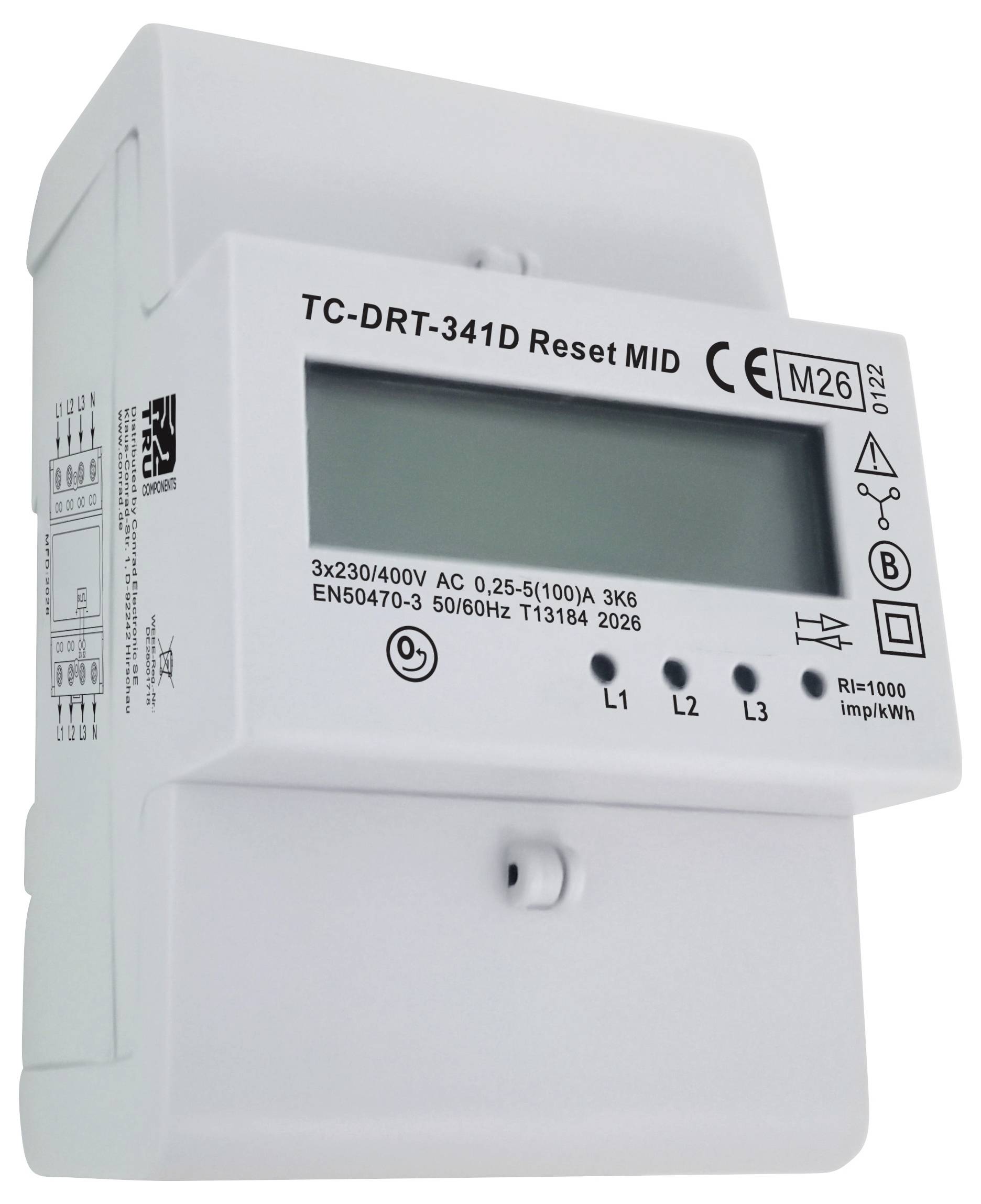 Digitales Stromzählerdisplay-Gerät mit Aufschrift "TC-DRT-341D Reset MID" mit leerem Bildschirm und Anzeigesymbolen.