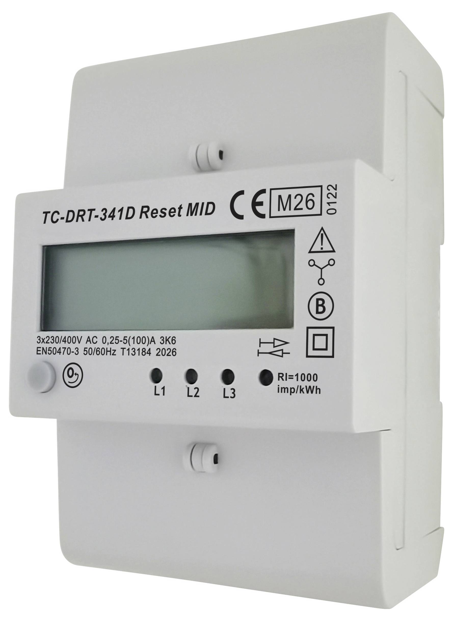 Digitales Stromzählgerät mit Bezeichnung „TC-DRT-341D Reset MID" mit Anzeigesfenster und Phasenindikatoren L1, L2, L3.