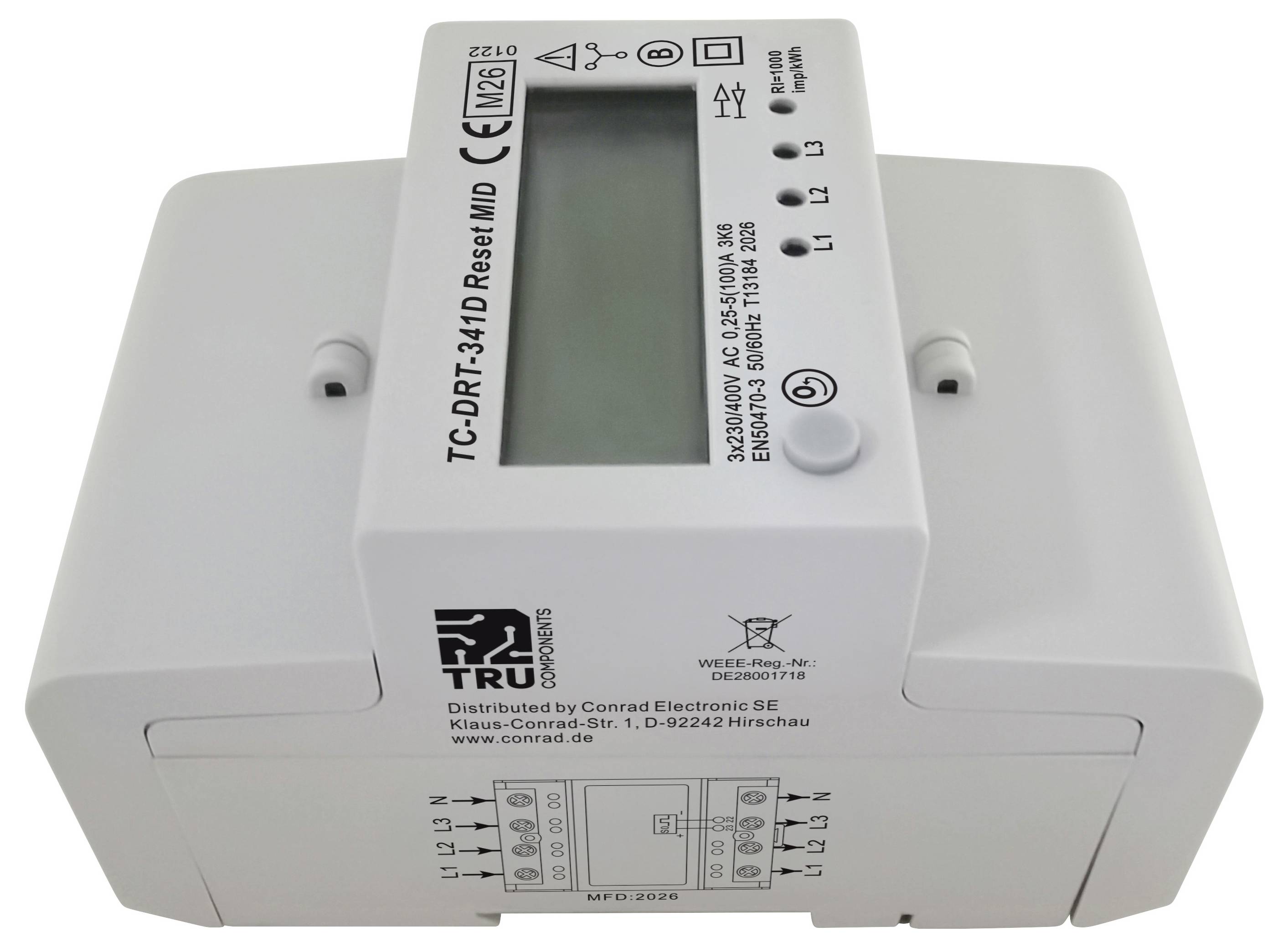 Weißes digitales DIN-Schienen-Timer-Relais mit LCD-Display und Steuertasten, beschriftet mit „TC-DRT-34D Preset/M", von oben gezeigt.