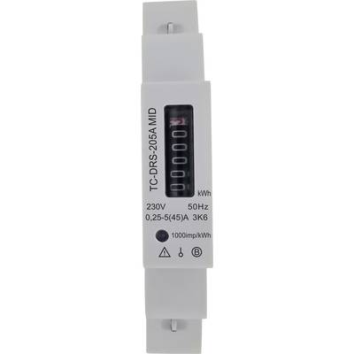 Digitales Einphasen-Stromzähler mit Bezeichnung TC-DRS-205A MID, zeigt fünf Nullen an und Spezifikationen: 230V, 50Hz, 0,25-5(45)A, 3kW, 1000imp/kWh.