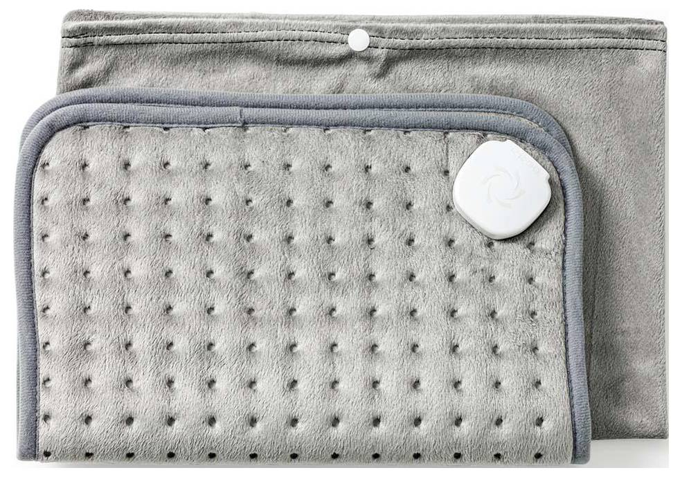 Graue elektrische Heizdecke mit einer weichen, strukturierten Oberfläche, ausgestattet mit einer Bedienungstaste und einem kleinen weißen Logo in der Ecke.