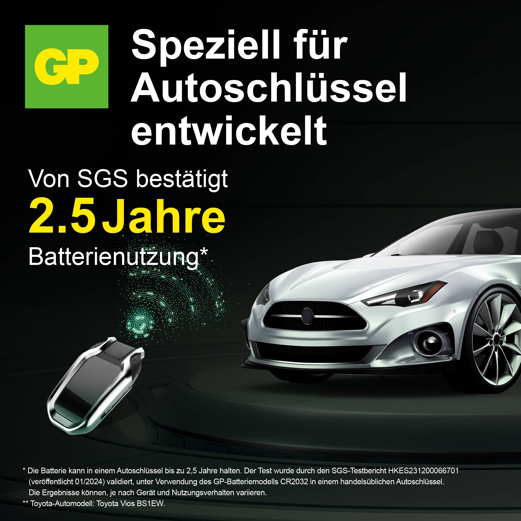 'Speziell für Autoschlüssel entwickelt. 2,5 Jahre Batterielebensdauer. Abgebildet: Auto, Autoschlüssel, Diagramm der Nutzung'