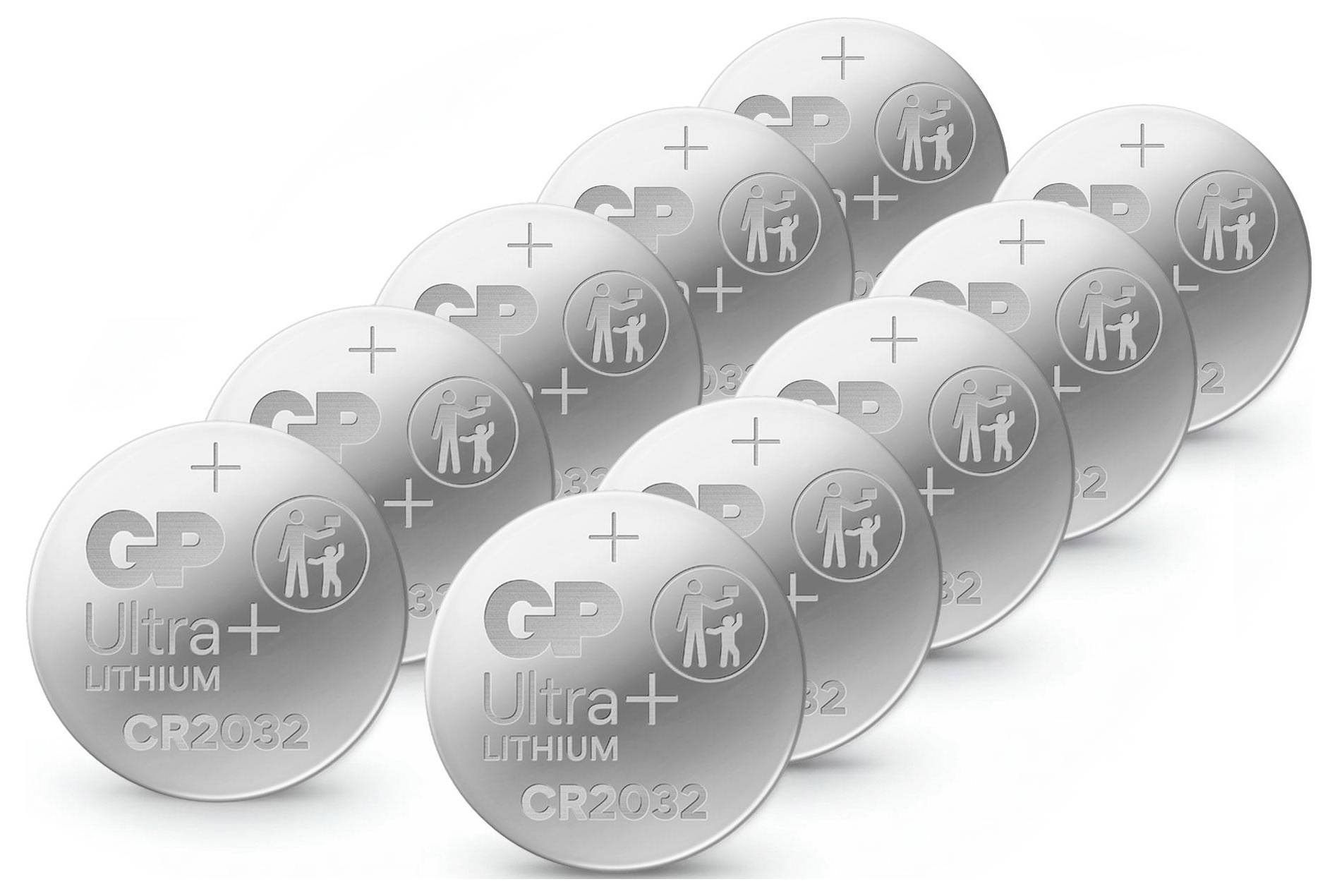 Mehrere silberne CR2032 Lithium-Knopfzellen von GP Ultra+ sind in einer gruppierten Anordnung auf weißem Hintergrund dargestellt.