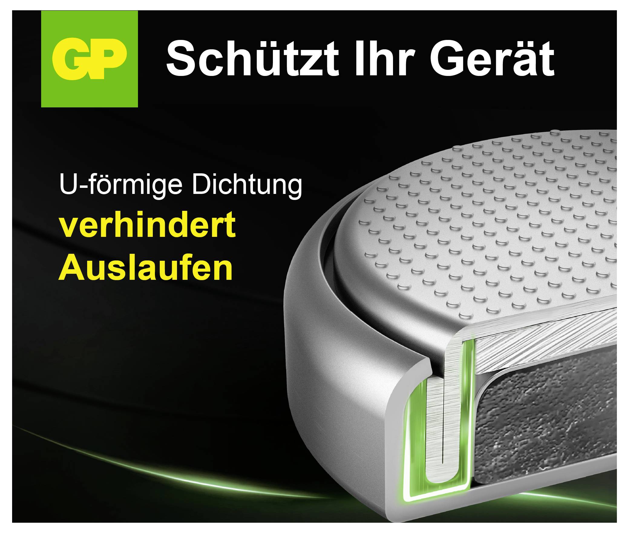 Werbeanzeige für GP: Batterie mit 'U-förmiger Dichtung', die Auslaufen verhindert und das Gerät schützt.