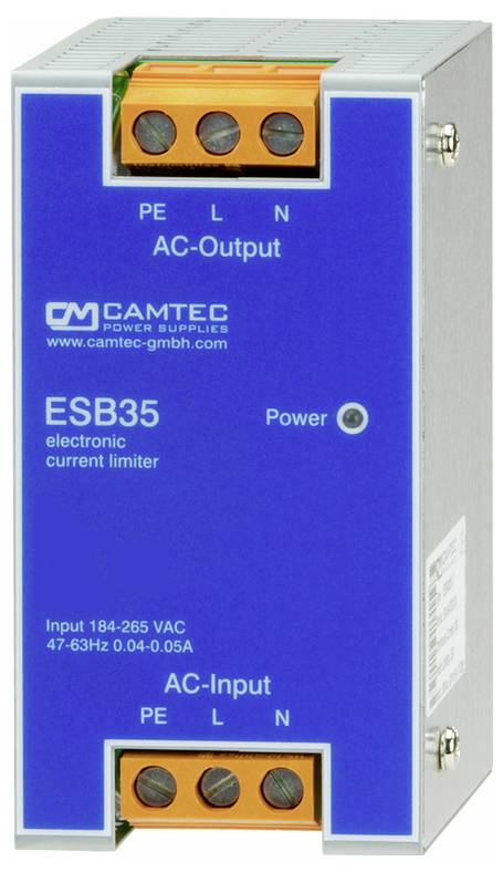 CAMTEC ESB35 elektronische Stromgrenze. Eingang: 184-265 VAC, 47-63 Hz, 0,04-0,05 A. Leistungs- und Wechselstrom-Ein-/Ausgangsverbindungen dargestellt.