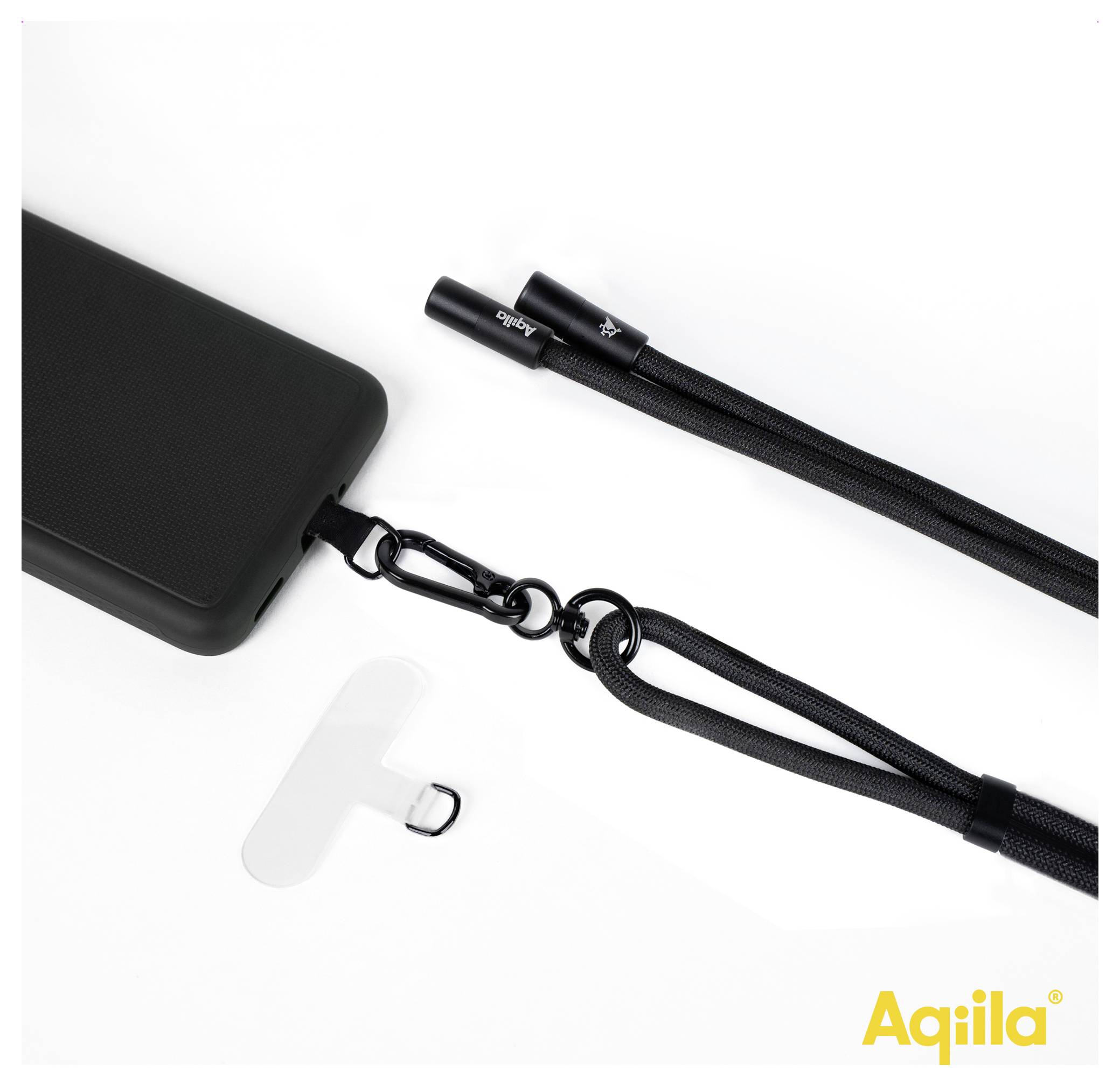 Schwarze Handyhülle, befestigt an einem schwarzen Schlüsselband mit Klammer. Das Schlüsselband trägt die Markenaufschrift "Aqila". Ein kleines Plastikteil liegt daneben.