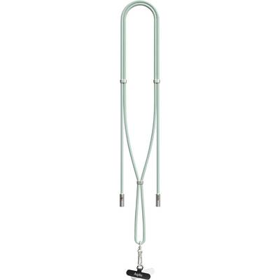Eine minzfarbene Lanyard mit Metallverschlüssen und einer Clip am unteren Ende.