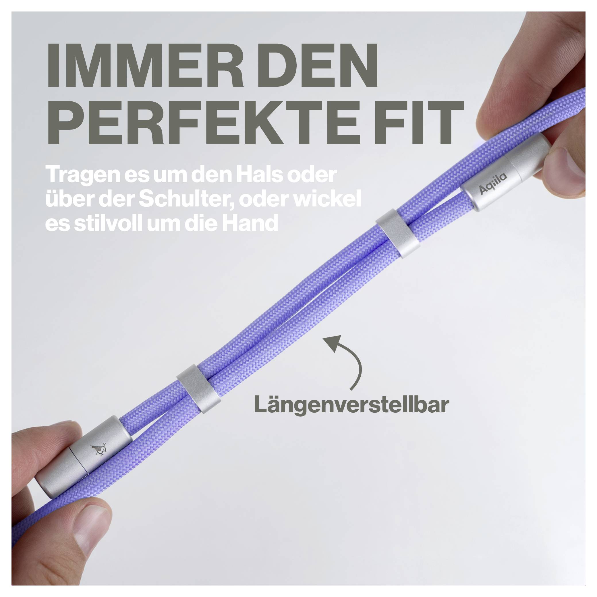 Eine Hand hält einen verstellbaren lila Gurt. Text auf Deutsch lautet: 'Immer den perfekte Fit. Längenverstellbar.'