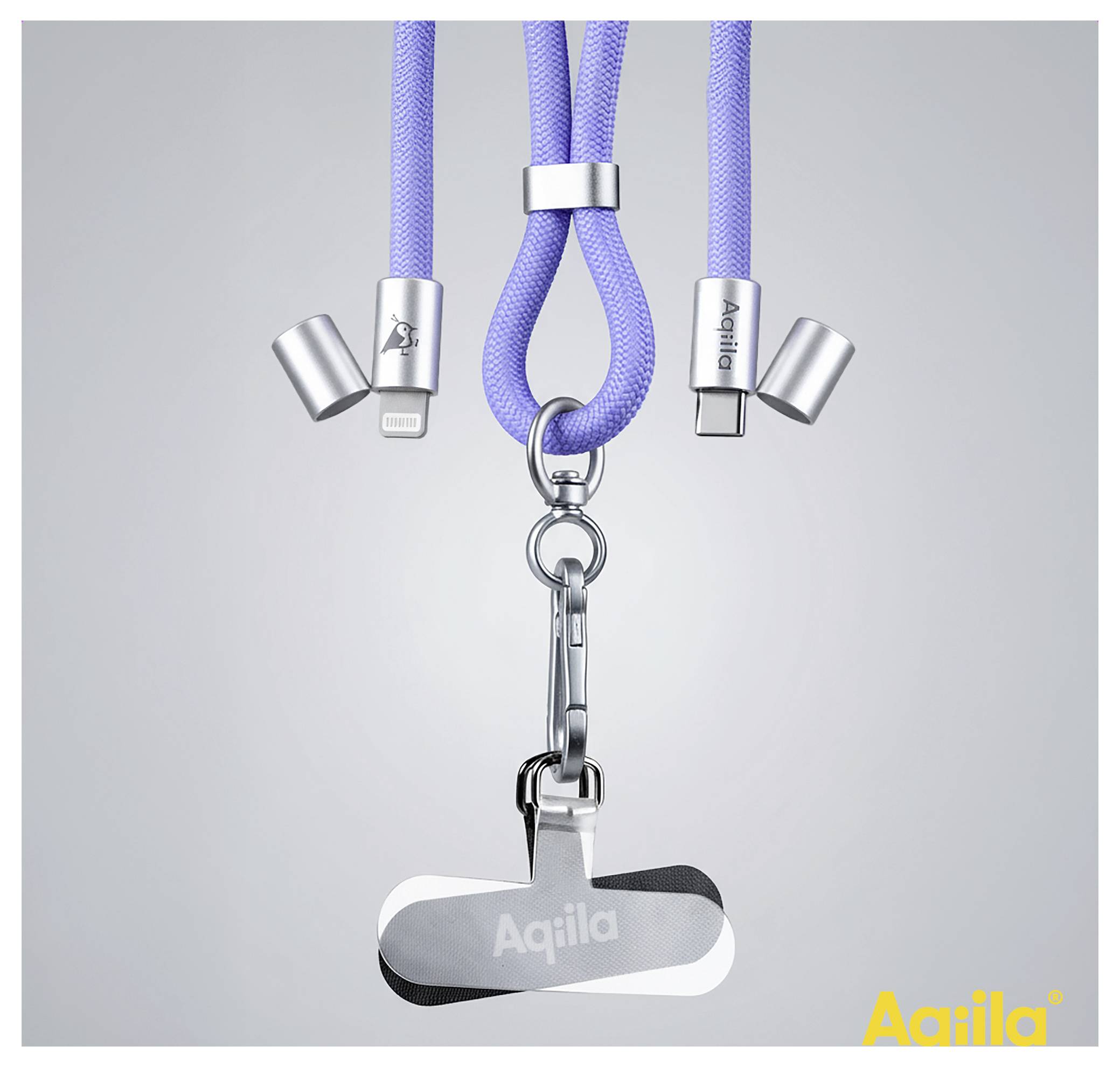 Ein 3-in-1 Ladekabel mit silbernem Haken und Lavendel-Seildesign. Anschlüsse umfassen Lightning, USB-C und Micro-USB. Marke 'Aqila' sichtbar.