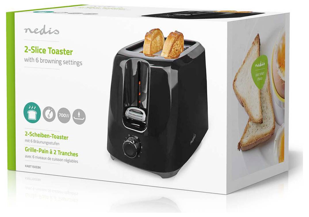 Schwarzer 2-Scheiben-Toaster' Verpackung präsentiert den Toaster mit Brot im Inneren und hebt die '6 Bräunungseinstellungen' sowie mehrsprachige Beschreibungen hervor.