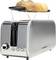 Ein Toaster mit Edelstahl-Oberfläche, auf dem zwei Scheiben Brot auf einem integrierten Gestell erwärmt werden. Steuerungselemente für Auftauen, Aufwärmen und Abbrechen.