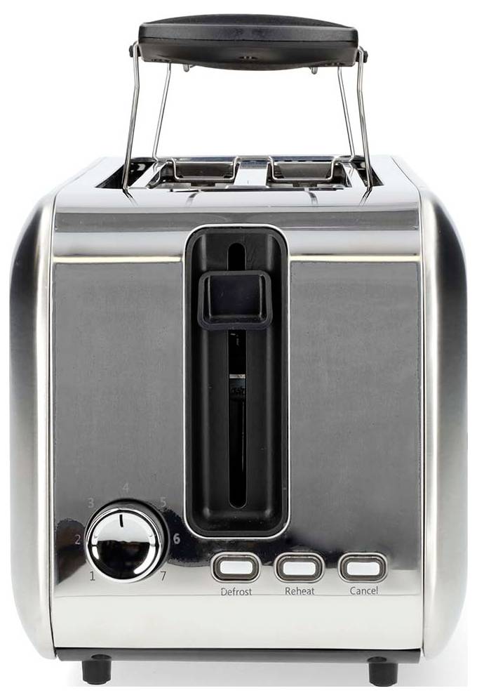 Ein Toaster aus Edelstahl mit zwei Schlitzen und einstellbaren Funktionen für Auftauen, Aufwärmen und Abbrechen. Ein Drehregler ist auf Stufe 3 eingestellt.