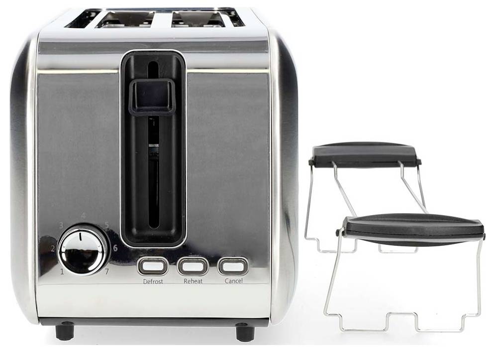 Ein Toaster aus Edelstahl für vier Scheiben mit einem Drehregler und Tasten mit den Beschriftungen „Auftauen", „Aufwärmen" und „Abbrechen", ergänzt durch zwei Brötchenwärmer.