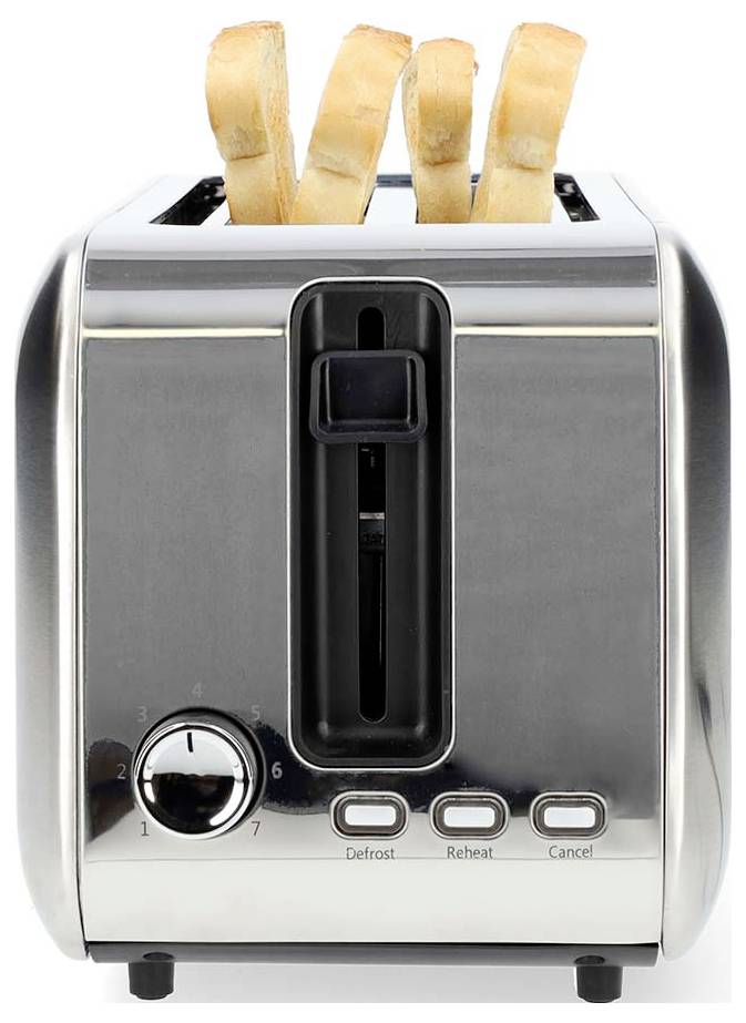 Ein silberner Toaster mit drei getoasteten Scheiben Brot, die sichtbar sind. Der Toaster verfügt über einen Wahlschalter mit Zahlen und Tasten mit den Beschriftungen „Auftauen", „Aufwärmen" und „Abbrechen".