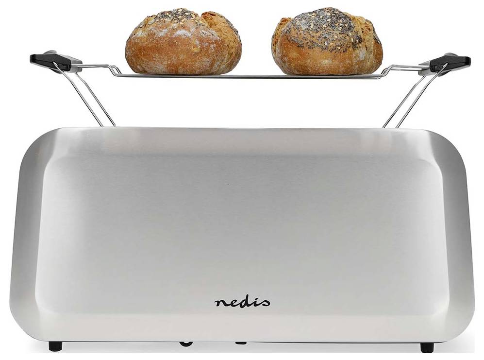Silberner Toaster mit zwei Scheiben Brot oben, unterstützt von einem integrierten Warmhalterost. Der Toaster trägt den Markennamen 'nedis' auf der Vorderseite.