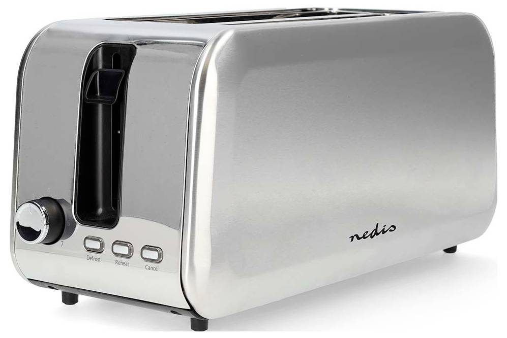 Ein Toaster aus Edelstahl mit zwei Einschüben, einem seitlichen Drehregler und Tasten mit den Beschriftungen ‚Auftauen', ‚Aufwärmen' und ‚Abbrechen'. Der Markenname ‚Nedis' ist sichtbar.