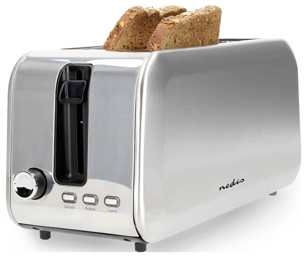 Ein Toaster aus Edelstahl mit zwei Scheiben braunem Brot. Er verfügt über einen Drehregler und Tasten mit den Beschriftungen „Auftauen", „Aufwärmen" und „Abbrechen".