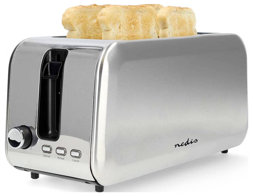Ein Toaster aus Edelstahl mit vier getoasteten Scheiben Brot. Er verfügt über Tasten mit den Beschriftungen „Auftauen", „Aufwärmen" und „Abbrechen".