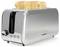 Ein Toaster aus Edelstahl mit vier getoasteten Scheiben Brot. Er verfügt über Tasten mit den Beschriftungen „Auftauen", „Aufwärmen" und „Abbrechen".