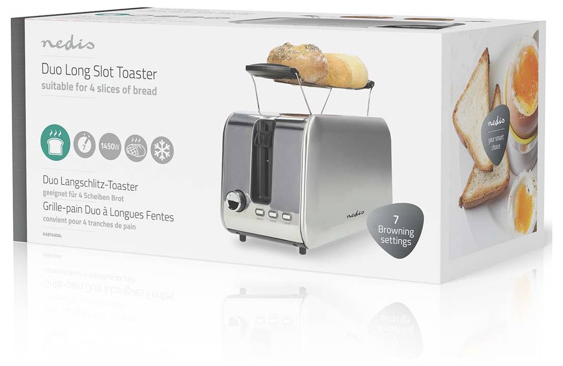 Verpackung eines 'Nedis Duo Langschlitz-Toasters', die ein Bild des Toasters mit Brotscheiben oben drauf zeigt. Highlights umfassen 7 Bräunungseinstellungen und eine Kapazität für 4 Brotscheiben.