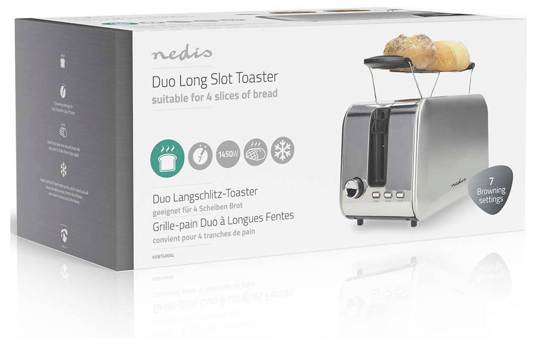 Nedis Duo-Langschlitz-Toaster Verpackung mit Bild des Toasters und Brot, gekennzeichnet als "geeignet für 4 Brothalterungen", mit 7 Bräunungseinstellungen.