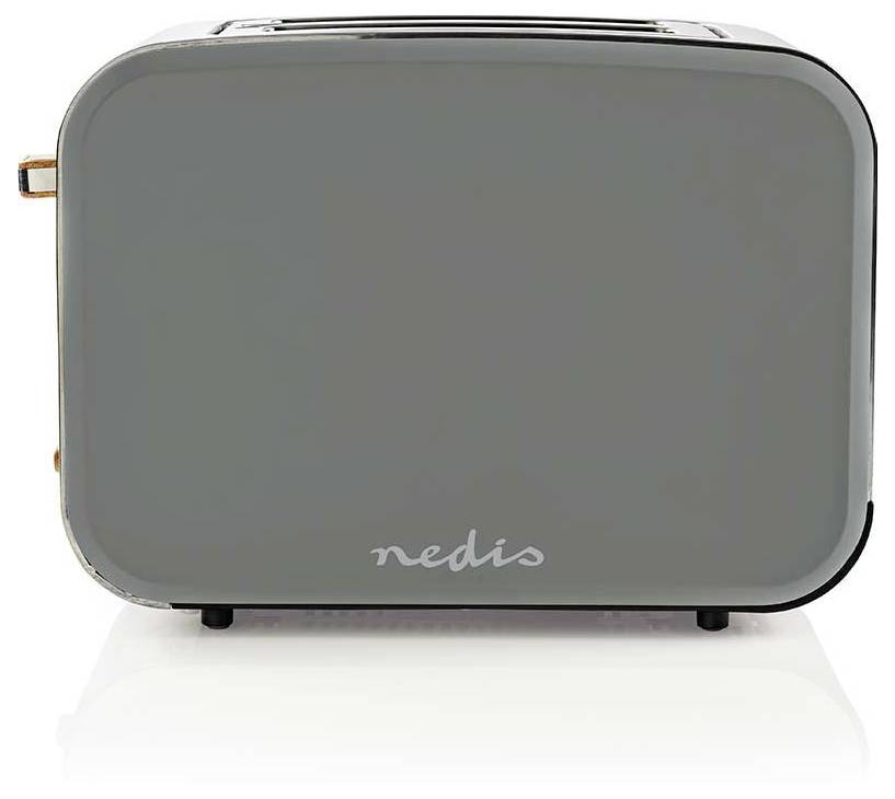 Grauer Toaster mit 'nedis'-Logo an der Seite, mit glatter, moderner Designästhetik und Bedienungstasten seitlich angeordnet.