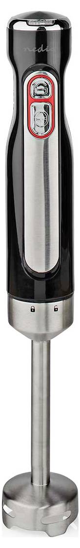 Ein schlanker, schwarzer und edelstählerner Handmixer mit rotmarkierten Tasten am Griff, entwickelt zum Mixen und Vermengen von Zutaten.