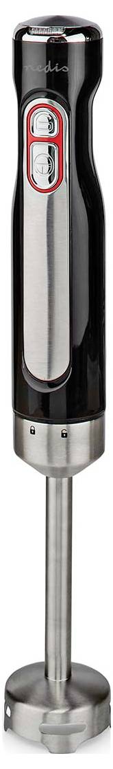Ein Stabmixer aus Edelstahl mit schwarzem Griff und roten Akzenten, ausgestattet mit zwei Bedienungstasten.