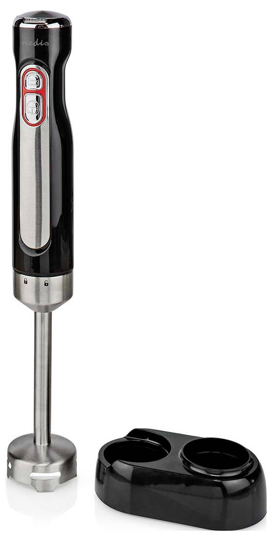 Ein schwarzer und edelstahlfarbener Stabmixer neben einer schwarzen Ladestation, der die Bedienelemente für Ein/Aus und Geschwindigkeitseinstellungen am Griff zeigt.