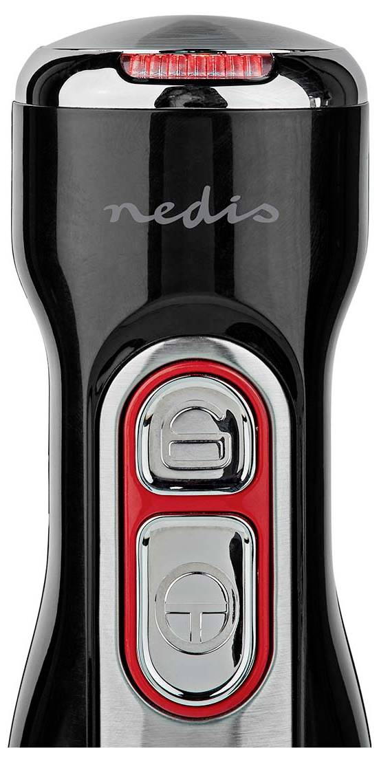 Ein schwarzer und silberner Elektrorasierer mit zwei Tasten und einem 'nedis' Logo auf der Oberseite. Die Tasten sind mit einem roten Design hervorgehoben.