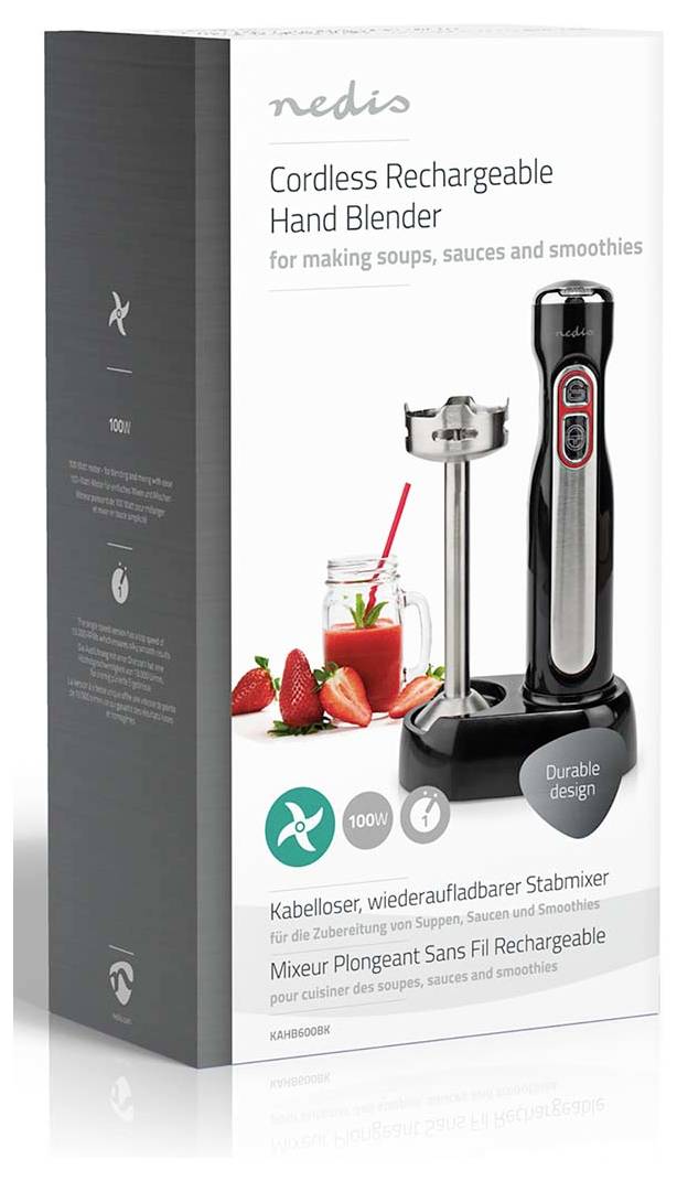 Verpackung eines kabellosen, aufladbaren Handmixers: zeigt den Mixstab, Erdbeeren und ein Glas Smoothies. Text hebt die Verwendung für Suppen, Saucen und Smoothies hervor.