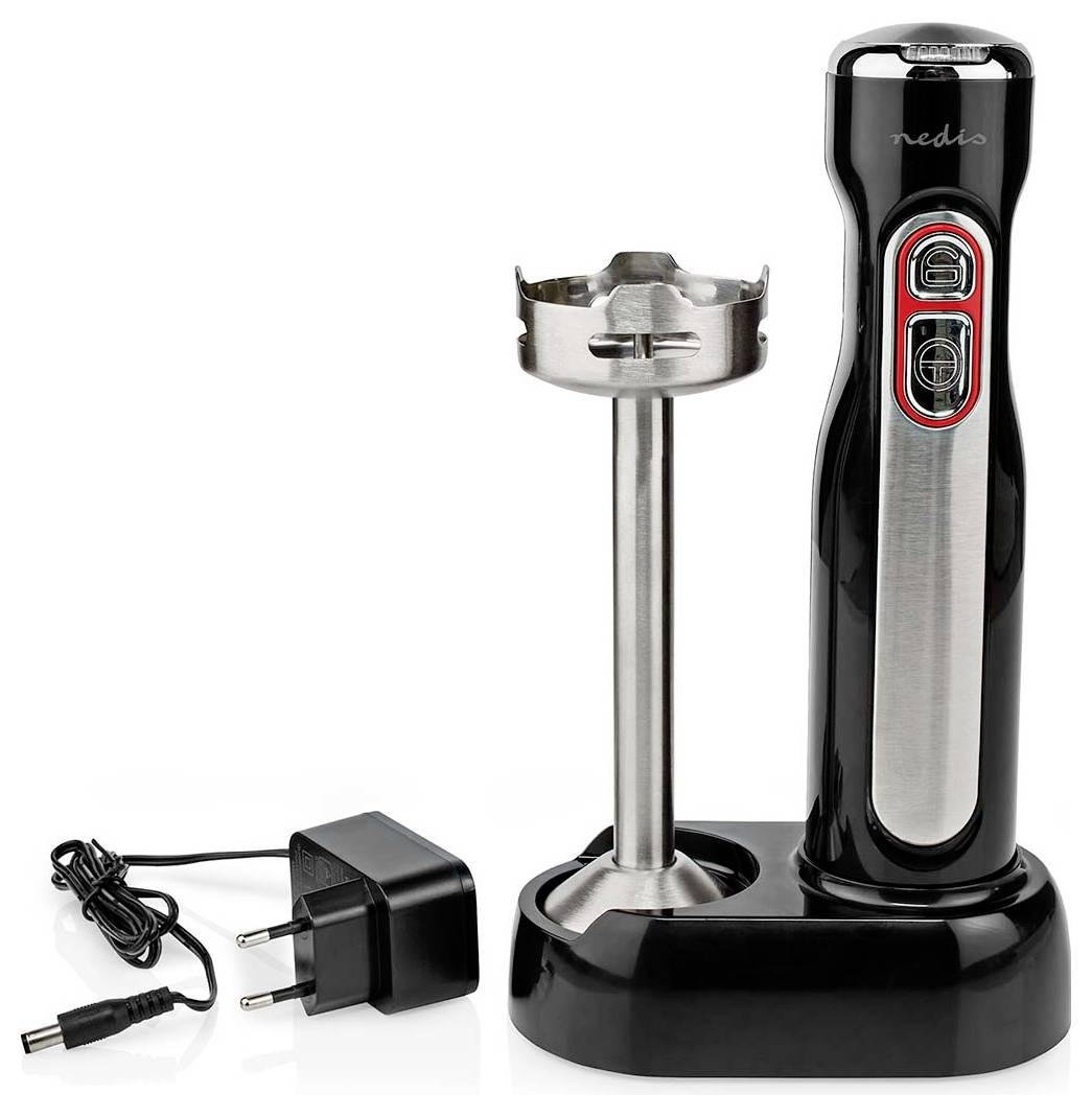 Ein schwarzer und Edelstahl-Stabmixer-Satz, der ein Ladegerät und einen Ständer umfasst. Der Mixer verfügt über verschiedene Geschwindigkeitseinstellungen am Griff.