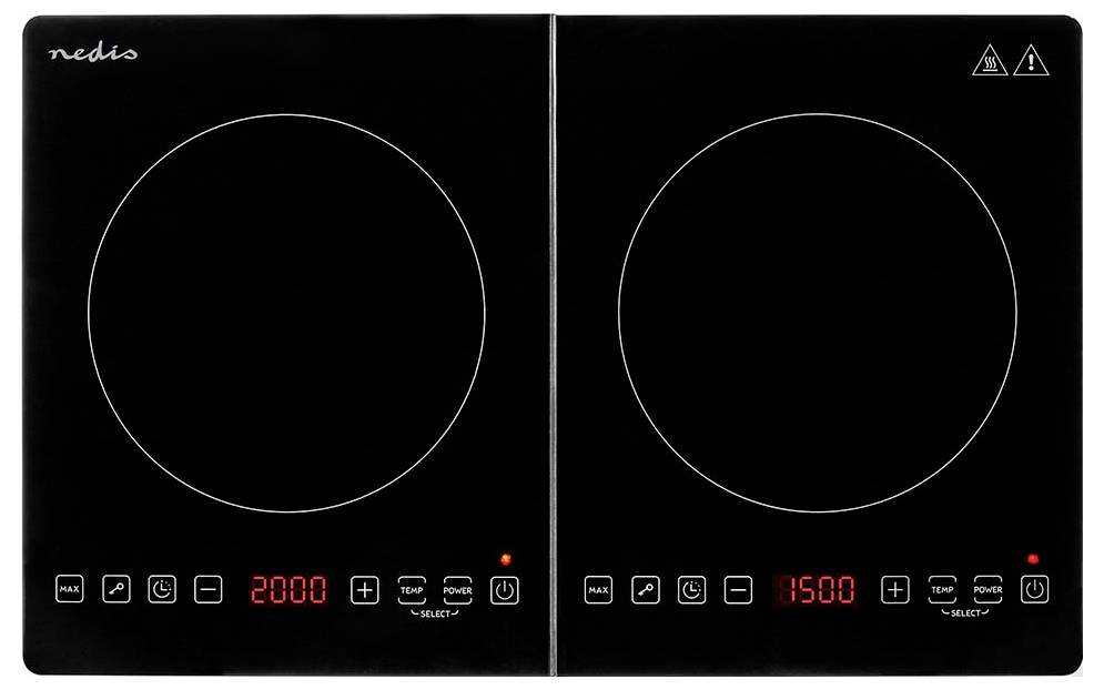 Schwarze Induktionskochplatte mit zwei Kochzonen, Touchsteuerung und LED-Display zur Anzeige der Leistungsstufen.