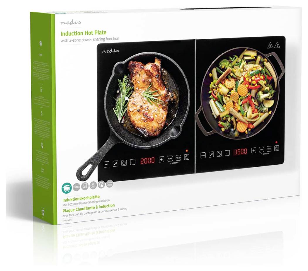 Induktionskochplatte<br><br>[Bild mit zwei Pfannen: eine mit gebratenem Fleisch und Kräutern, die andere mit einer Mischung von Gemüse]<br><br>2000<br>1500