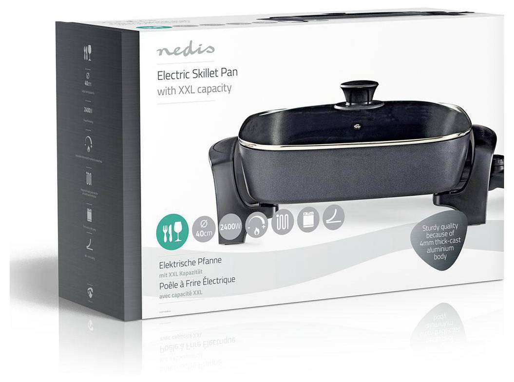 Verpackung einer Nedis Elektro-Bratpfanne mit XXL-Kapazität, die verschiedene Merkmale zeigt: Größe 40x27cm, Leistung 2400W, Antihaft-Oberfläche, Aluminiumguss-Gehäuse.