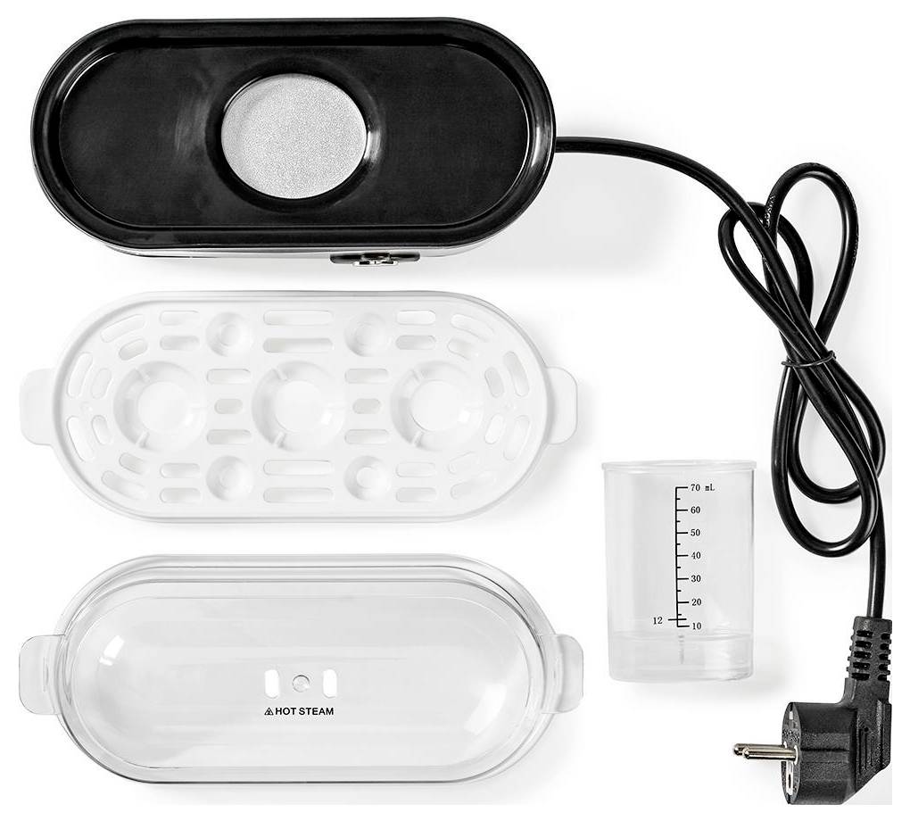 Elektrischer Dampfgarer mit drei abnehmbaren Komponenten, bestehend aus einer schwarzen Basis mit Stecker, einem weißen perforierten Tablett und einem transparenten Deckel.