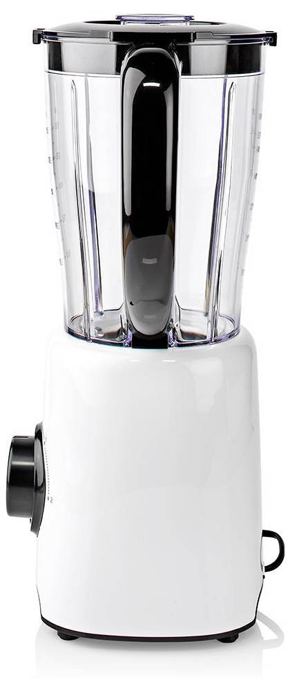 Ein weißer Küchenmixer mit einem durchsichtigen Plastikkrug und schwarzem Deckel, mit einer seitlichen Einstellscheibe zur Geschwindigkeitsregelung.