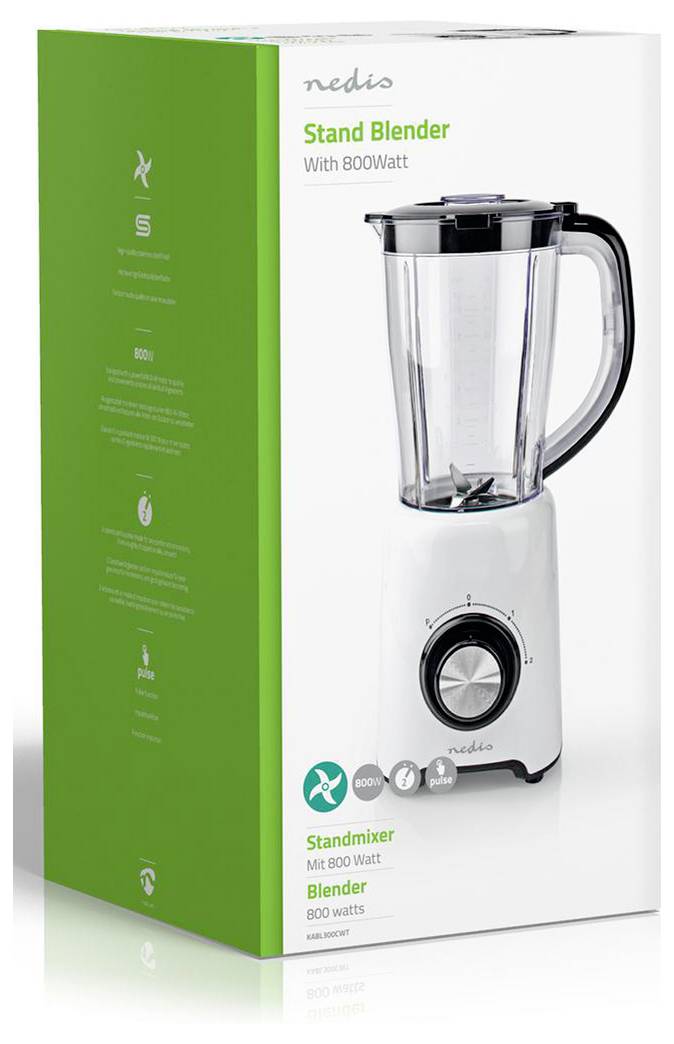 Ein Standmixer mit 800 Watt Leistung' ist auf einer grün-weißen Verpackung mit einem Bild des Mixers abgebildet, der sein modernes Design hervorhebt.